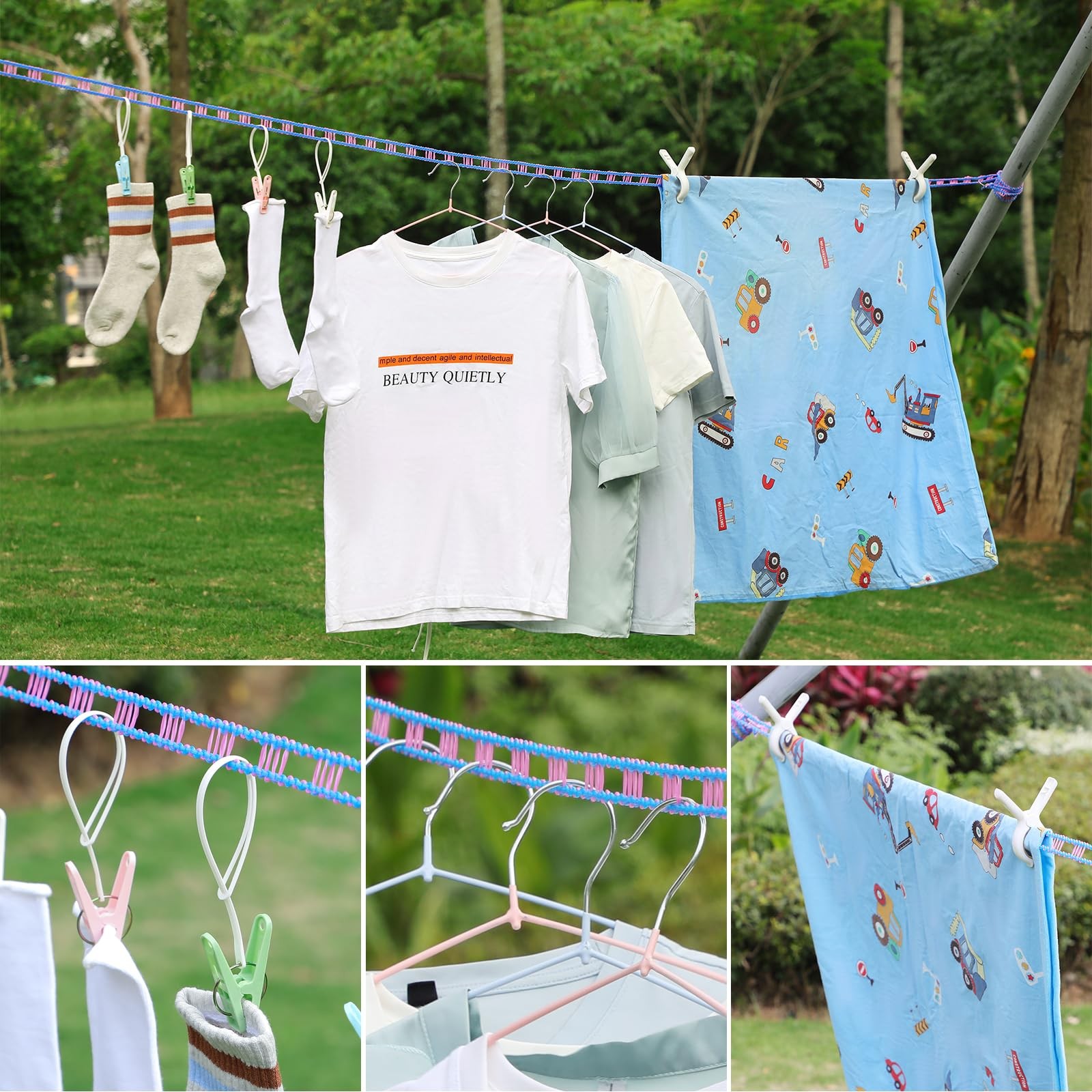 3-Pack Windproof Clothesline with Hooks – Super Strong and Durable, PE Materi...