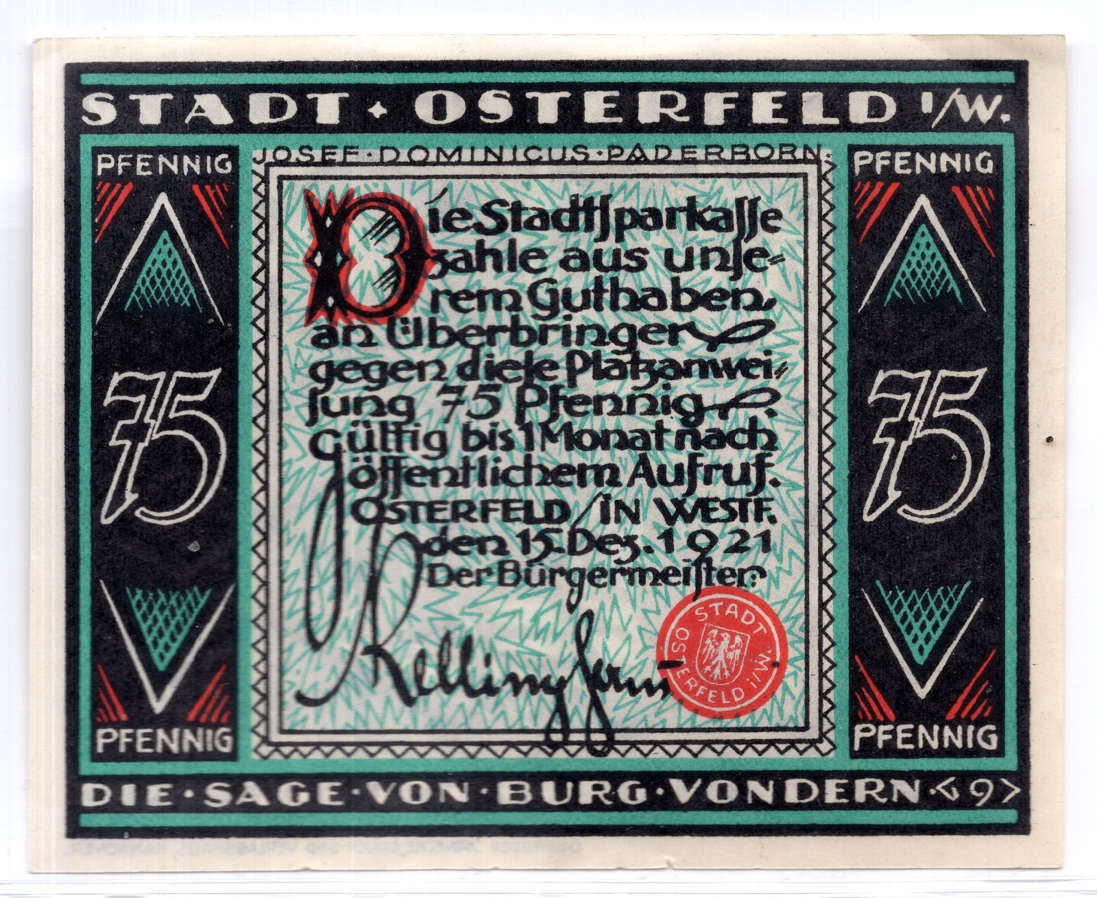 1921 Germany Osterfeld Notgeld 75 Pfennig Note (3731)