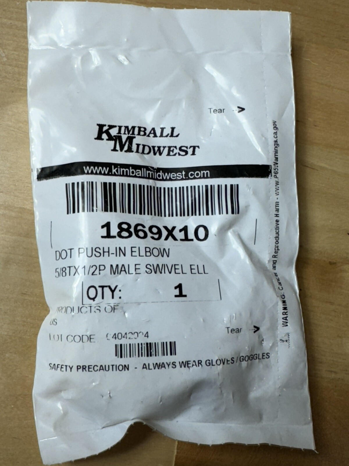 KIMBALL MIDWEST 1869X10 DOT PUSH-IN ELBOW 5/8TX1/2P MALE SWIVEL ELL