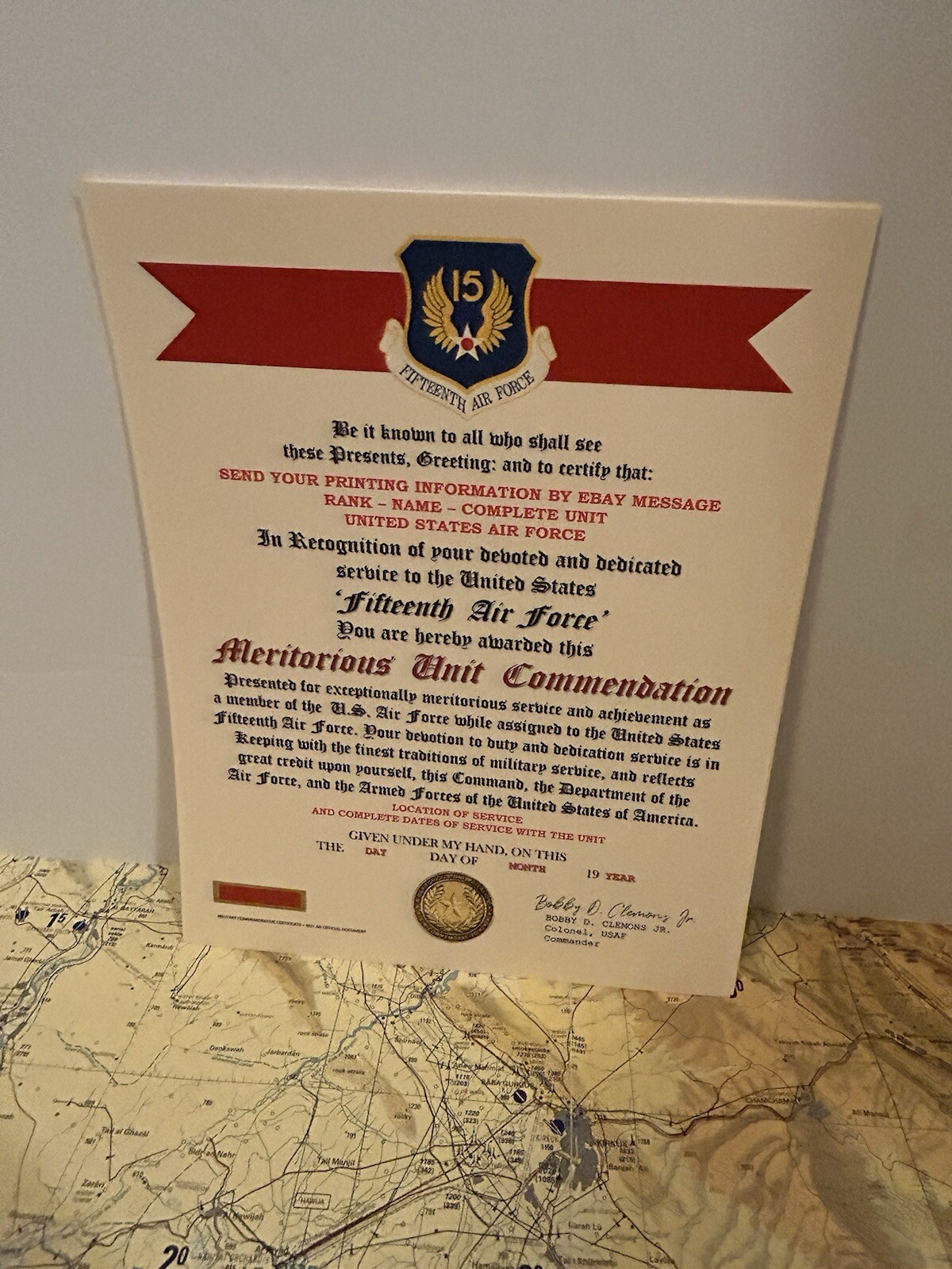 U.S. AIR FORCE / 15TH AIR FORCE - MERITORIOUS UNIT COMMENDATION CERTIFICATE