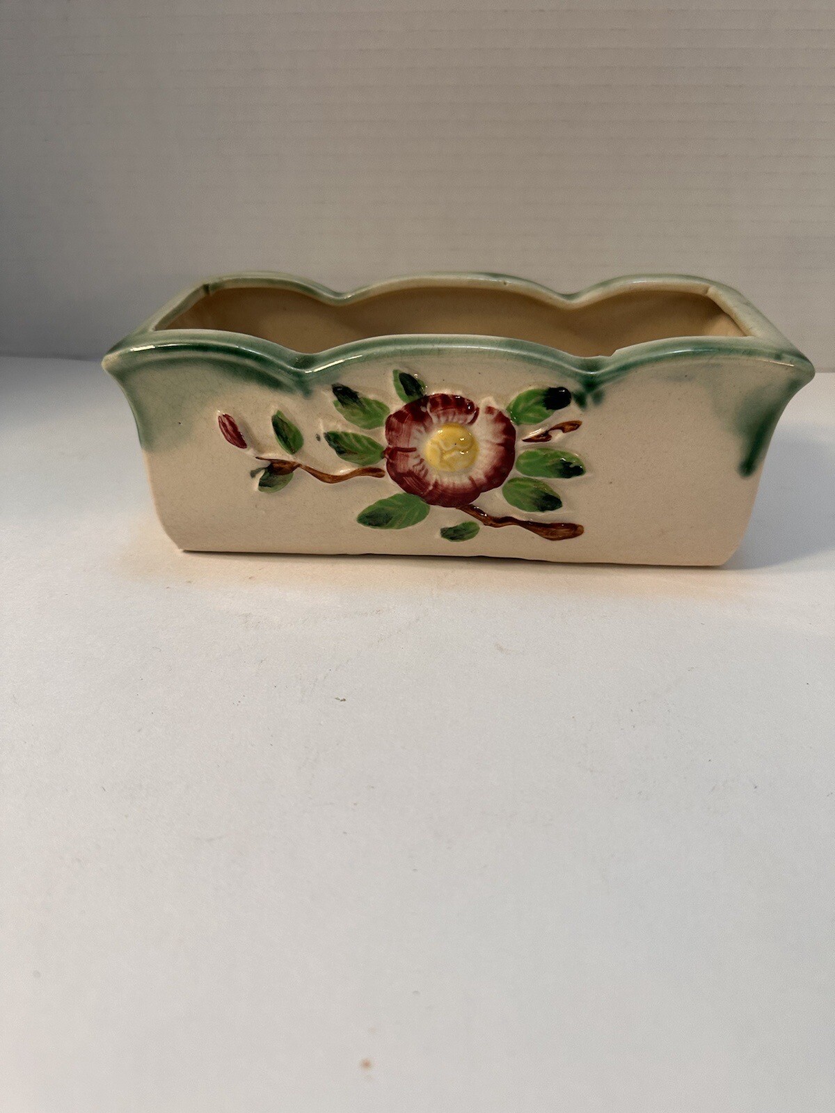 Vintage Florart 1940s Planter Green Scalloped Floral Drip Glaze Made in Japan 8”