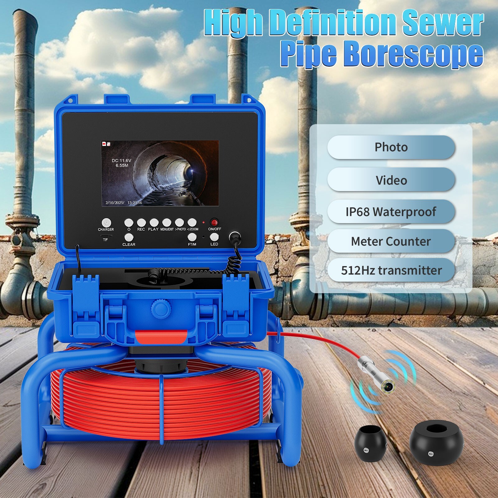 20m Pipe Inspection Camera w/ 512hz transmitter HD Sewer Drain Camera 7" Monitor