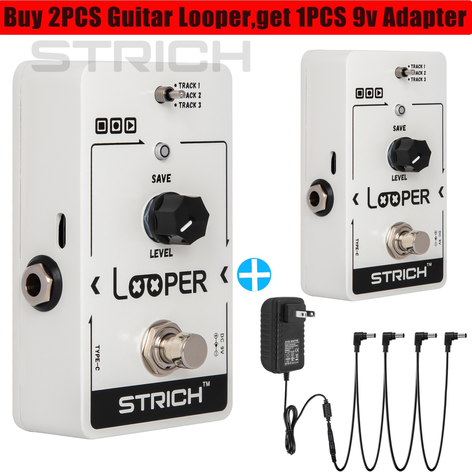 2PC STRICH Looper Effect Pedal Guitar 90 Mins Slots Tuner Loop + 1PC DC 9V Power