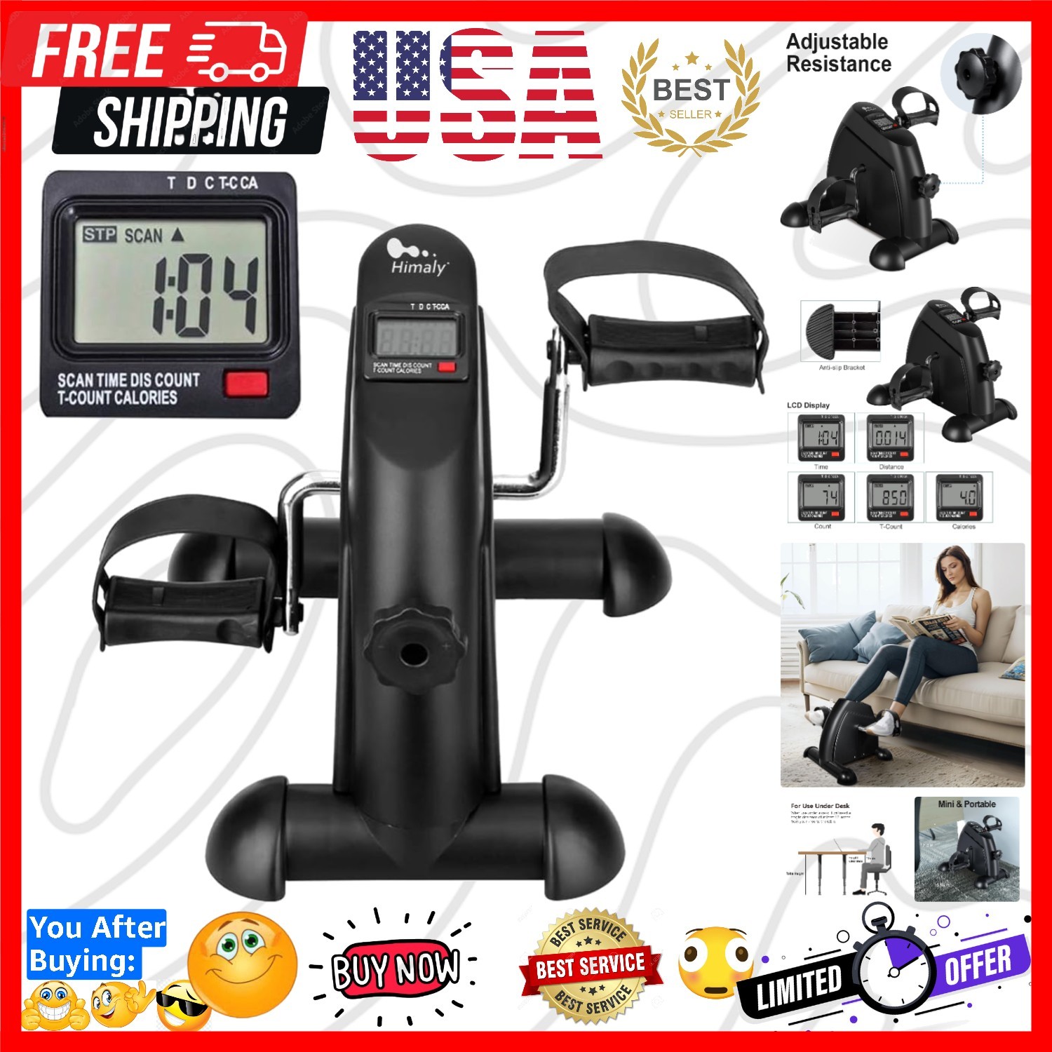 Mini Exercise Bike, Under Desk Bike Pedal Exerciser Portable Foot Cycle Arm &...