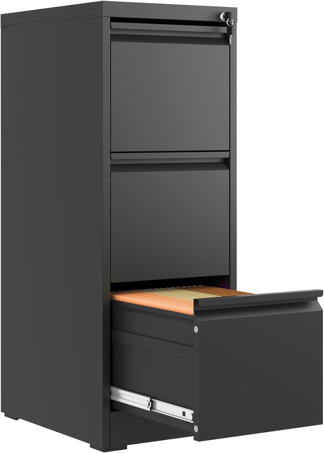 3 Drawer Metal File Cabinet with Lock for Home Office Black
