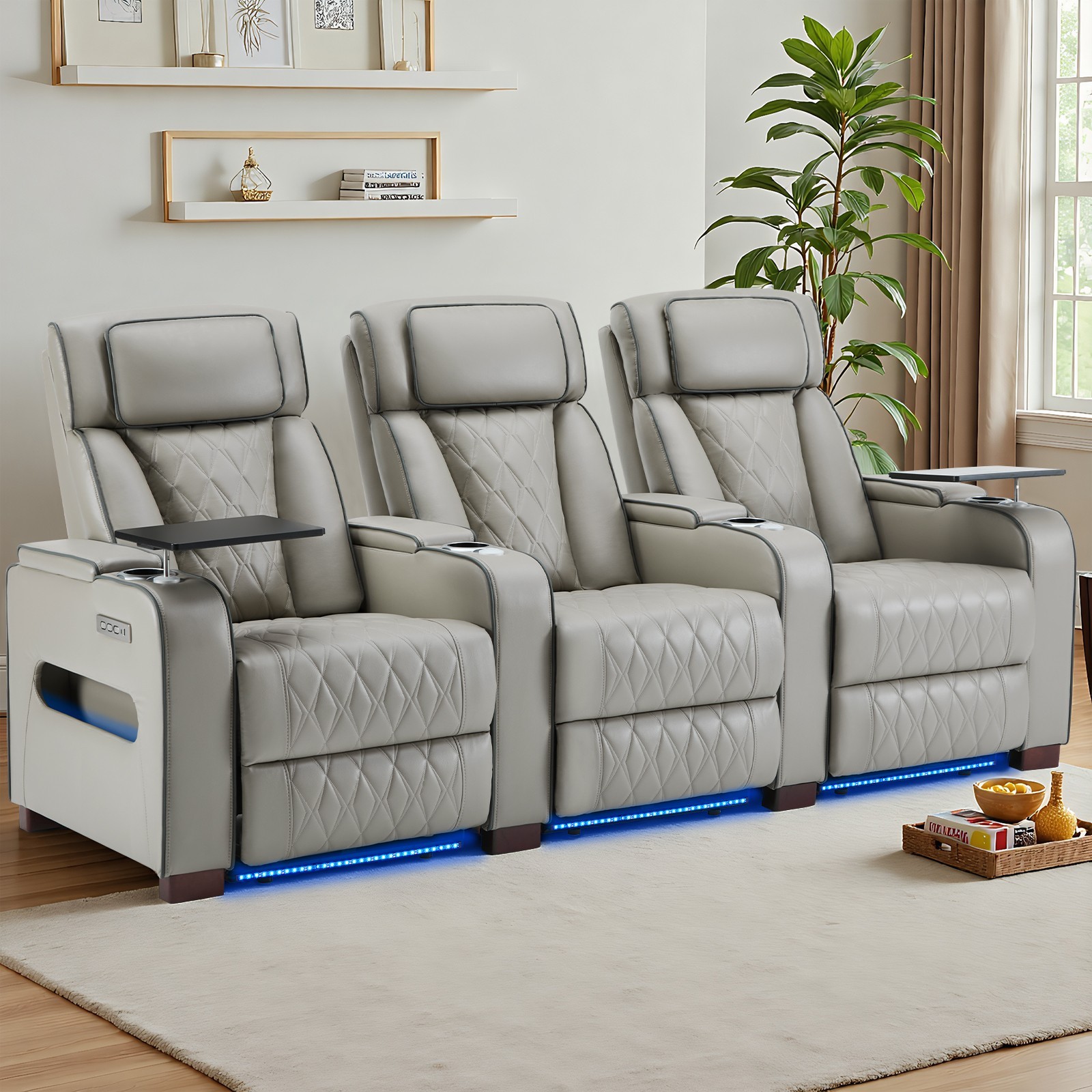 Home Theater Seating Power Recline Sofa With Powered Headrests, Table