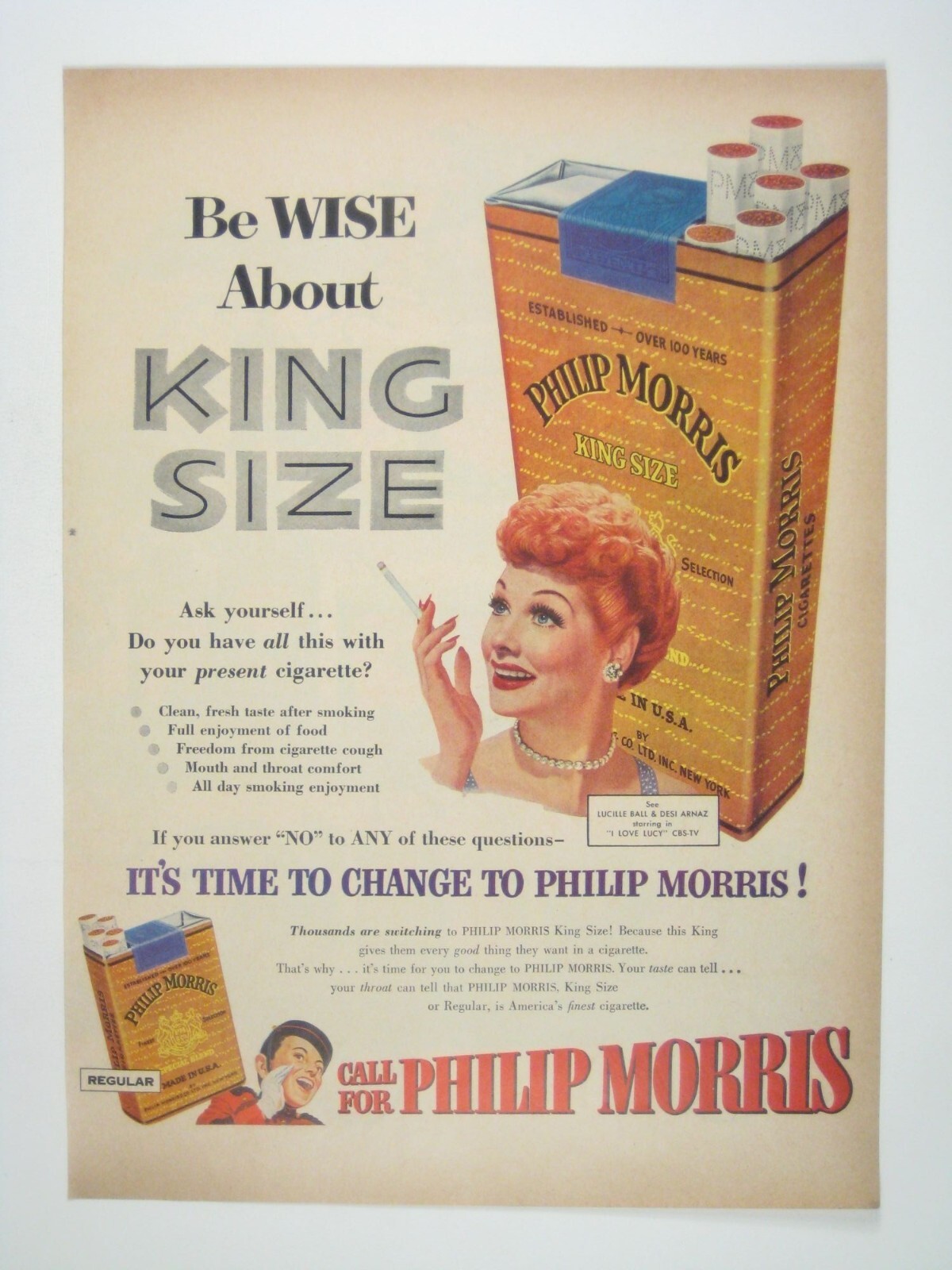 Philip Morris King Size Cigarette Ad 1950s Retro Vintage Print Lucy Ball MOD