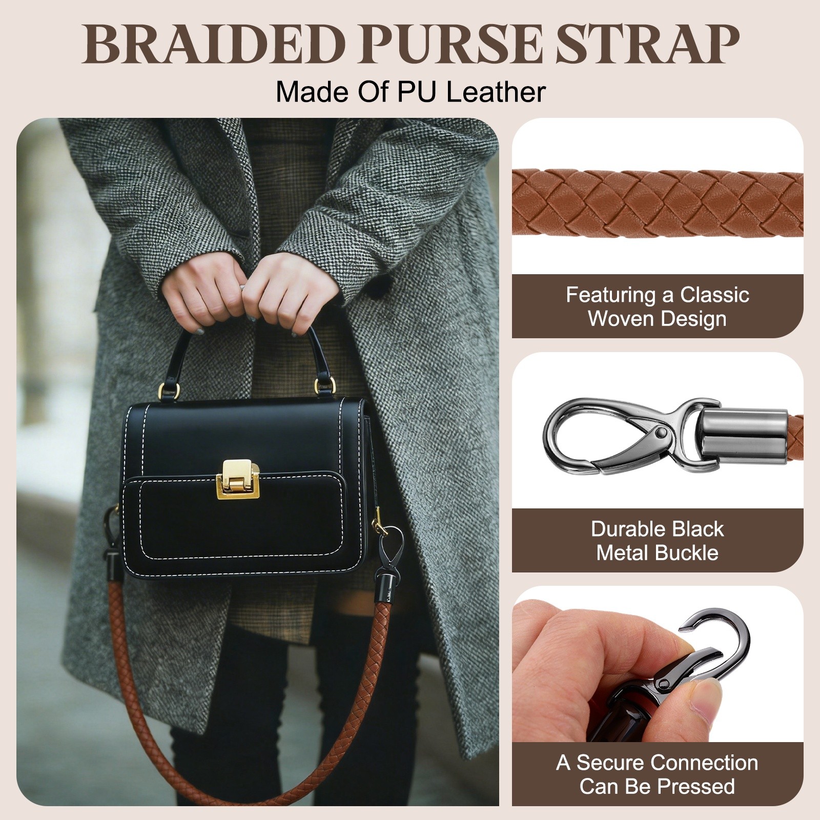 2Pcs 55cm 21.7" Braided Purse Strap PU Leather Light Brown (Black Buckle)