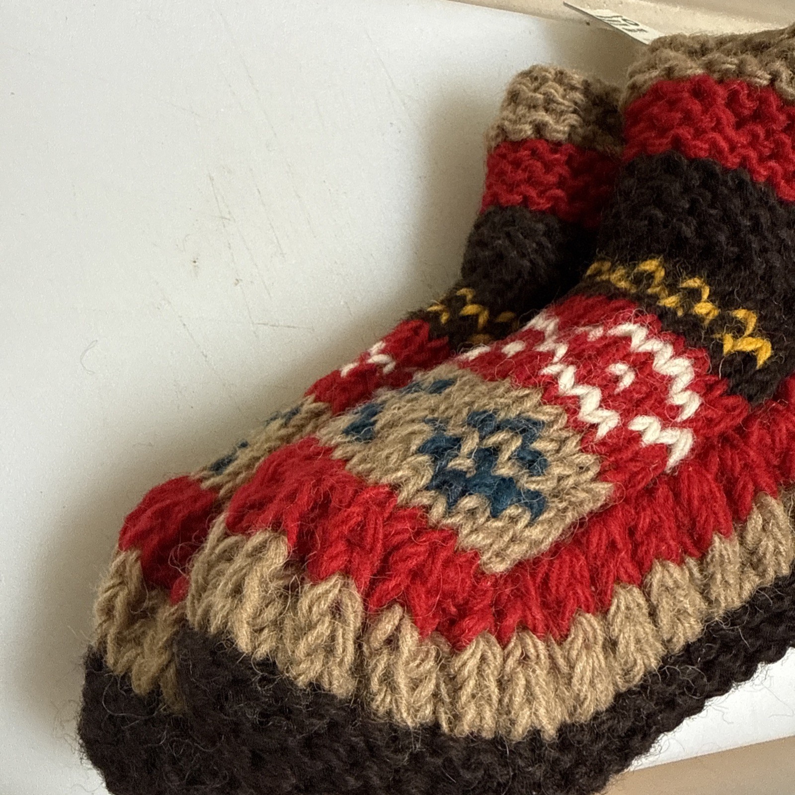 Knitted Sherpa Lined Nepal Socks Red and Brown One Size