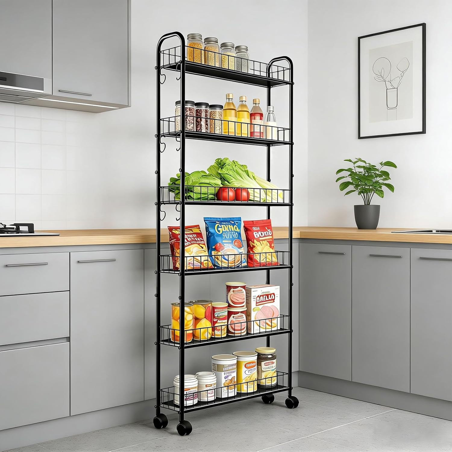 Slim Storage Cart with Wheels, 6-Tier 6In Black Narrow Rolling Shelf,Sturdy Slim
