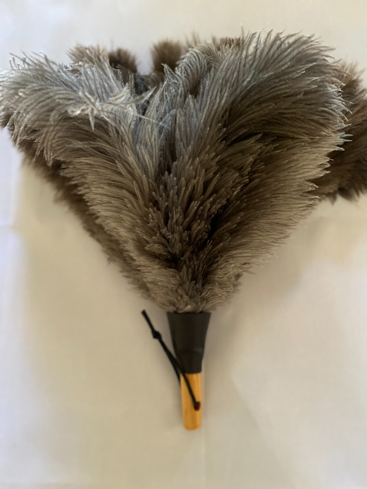 Soft grey first grade ostrich feather duster wood shaped gloss handle 30cm