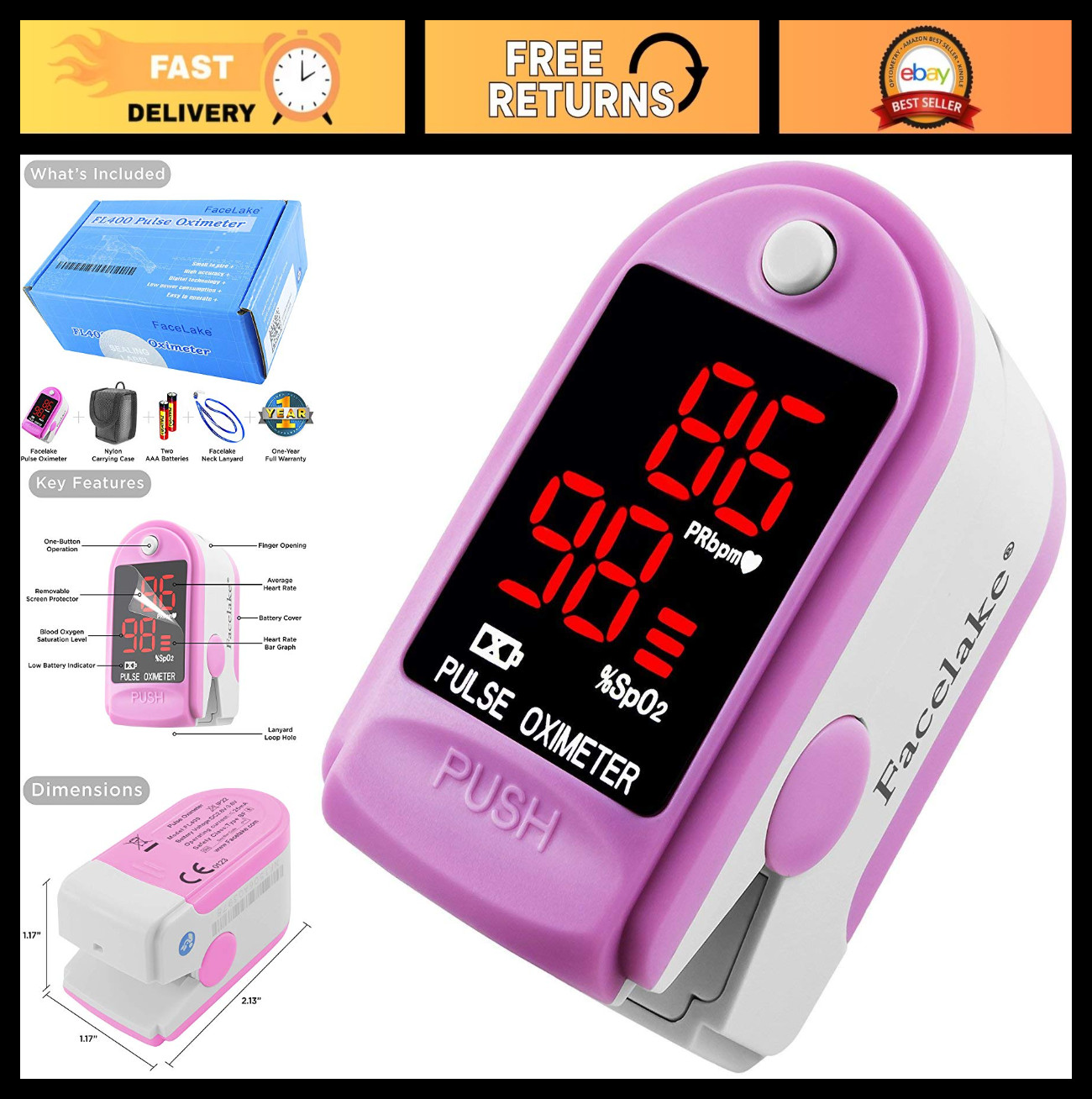 Pulse Oximeter with Carrying Case, Batteries, Neck/Wrist Cord - Pink, Accurate &