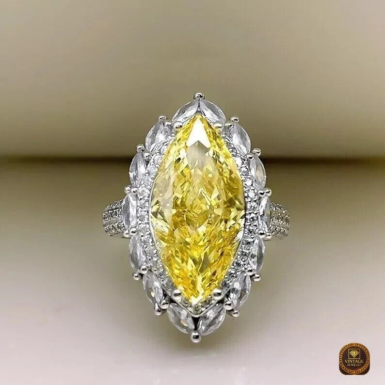 Marquise Cut 3Ct Lab-Created Yellow Diamond Halo Wedding Ring 14K White Gold FN