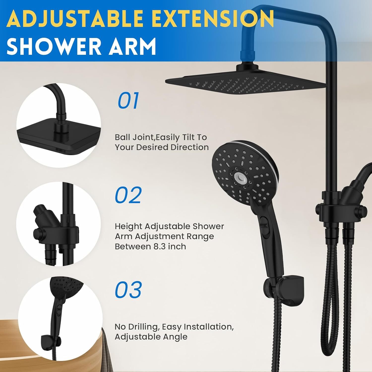 Dual Showerhead Combo, Black 8'' Rain Shower, 6 Adjustable Handholds