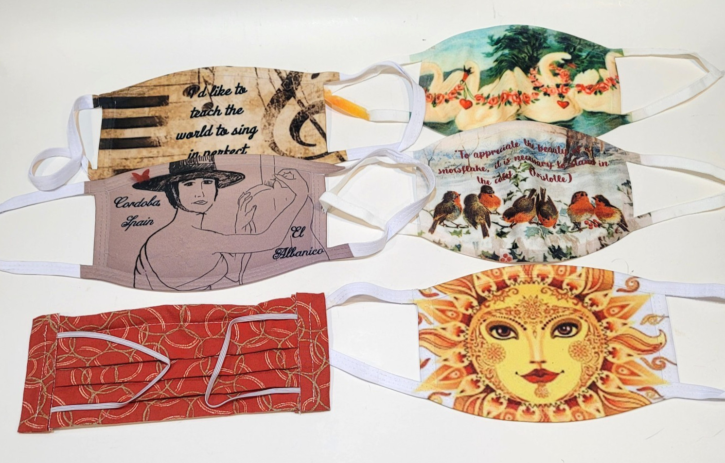 Handmade Fabric Face Masks x 6 Graphics Quotes Photography Seasons Music Birdies
