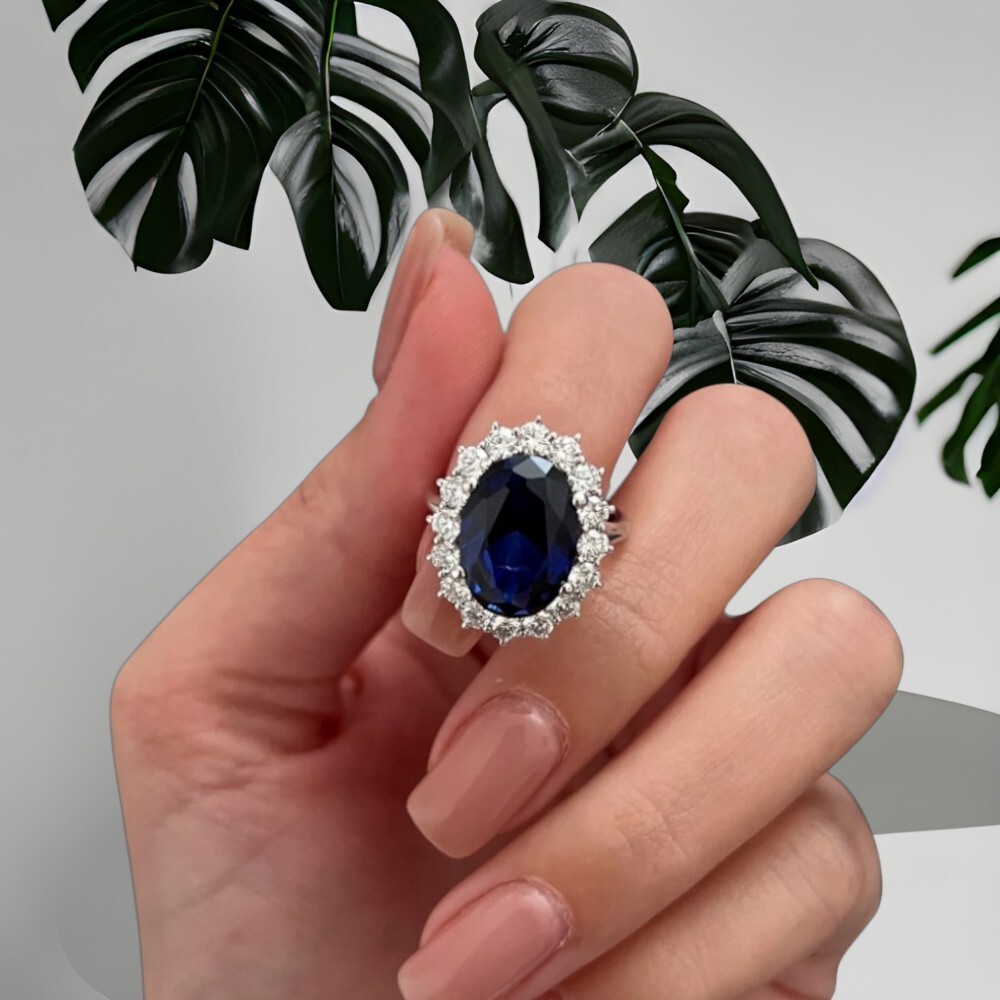 Oval Cut Lab Grown Blue Sapphire Platinum Wedding Ring Natural Diamond 8.30 Ct