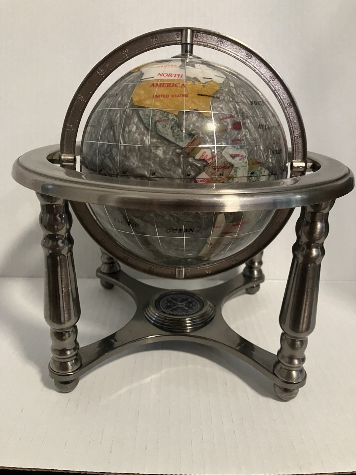 10" Tall Table Gemstone World Globe w/ 4 Leg Silver Color Stand And Compass