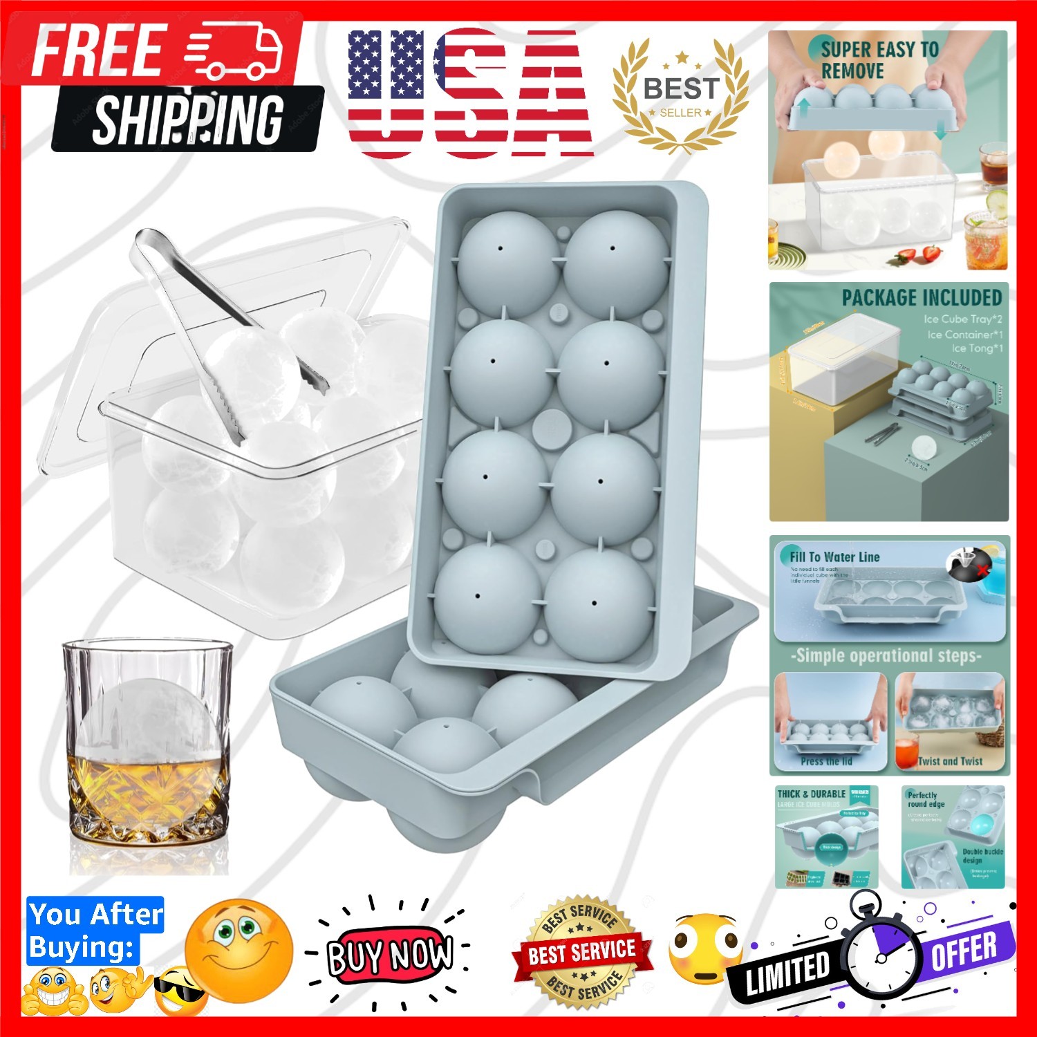 Large Ice Cube Molds, Big Round Whiskey Ice Cube Trays for Freezer, Easy to F...