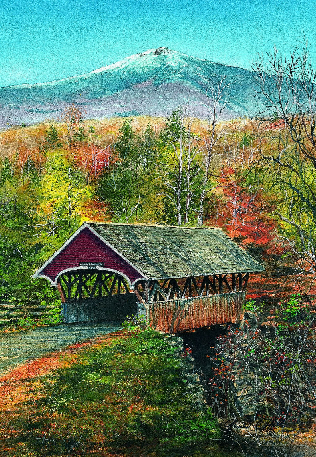 Flume Gorge Covered Bridge, Mt. Liberty, Franconia Notch NH Watercolor Notecards