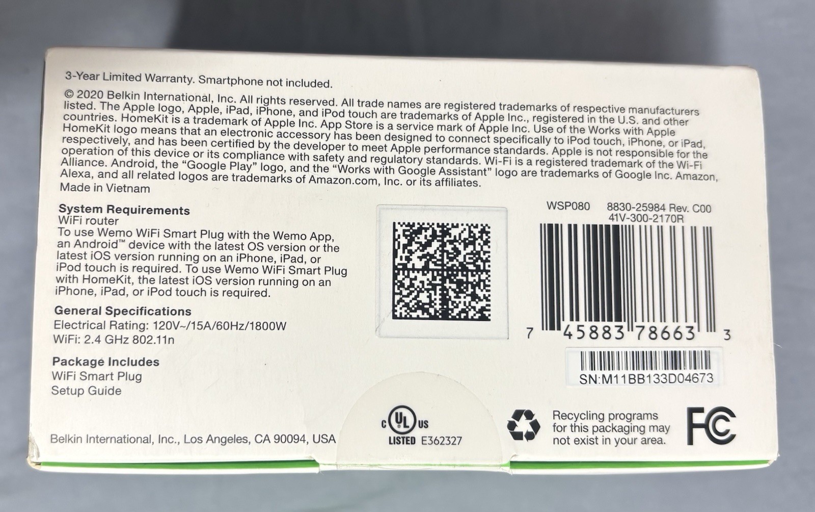 Wemo WiFi Smart Plug: Model WSP080 - White