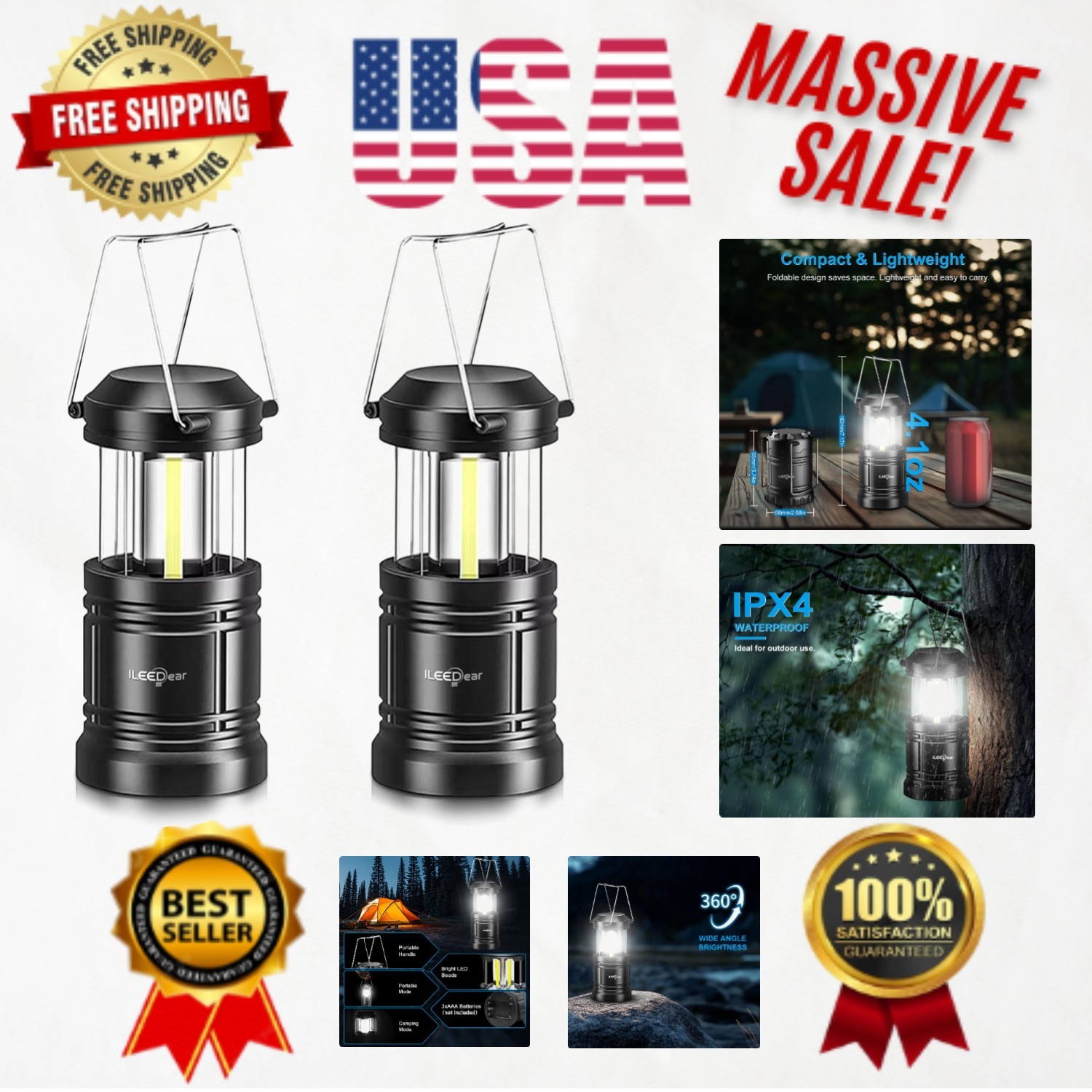 Versatile LED Camping Lanterns, 350 Lumen, Waterproof - 2 Pack for Emergencies