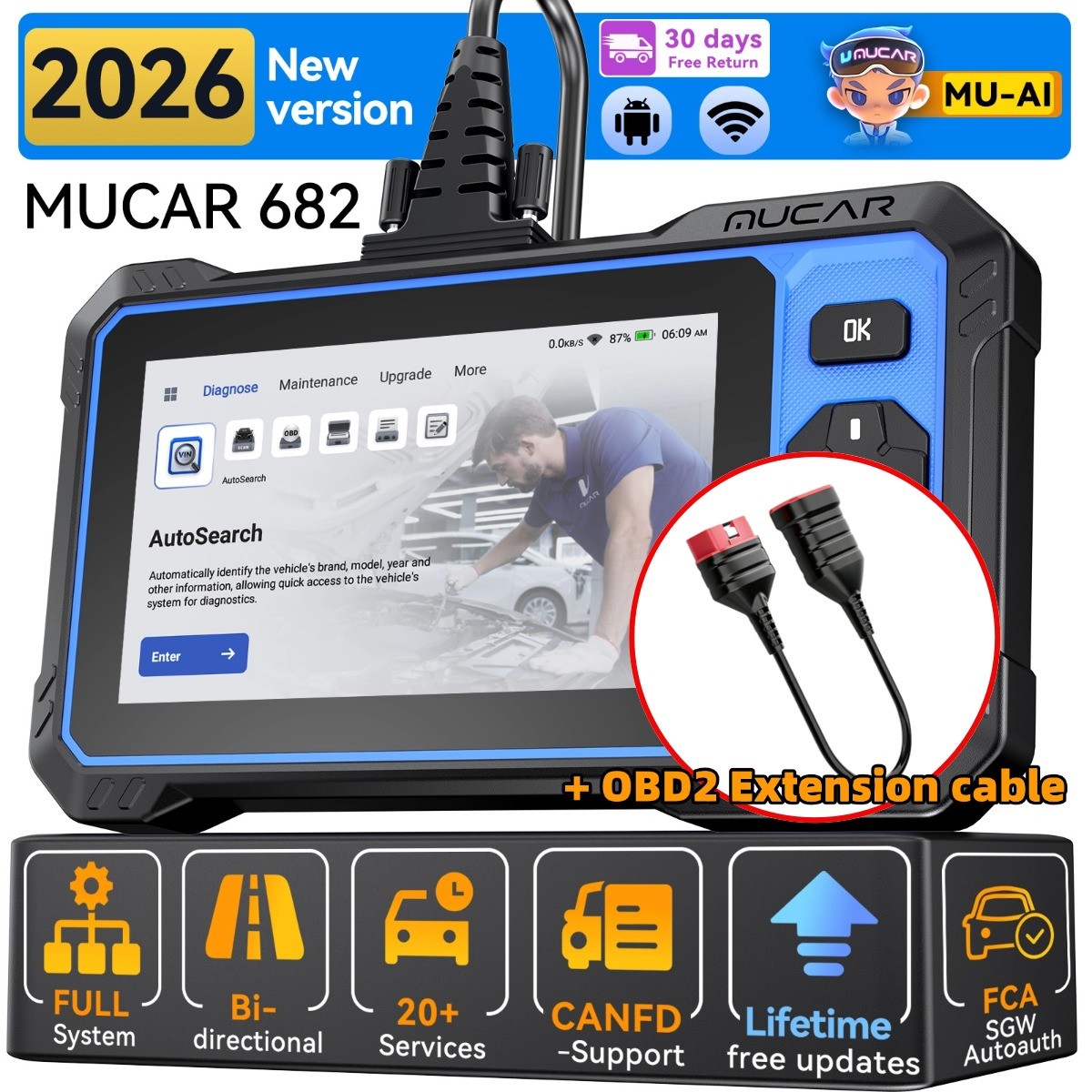 MUCAR 682 OBD2 Diagnostic Full System 20 Services Bidirectional 20 Services US