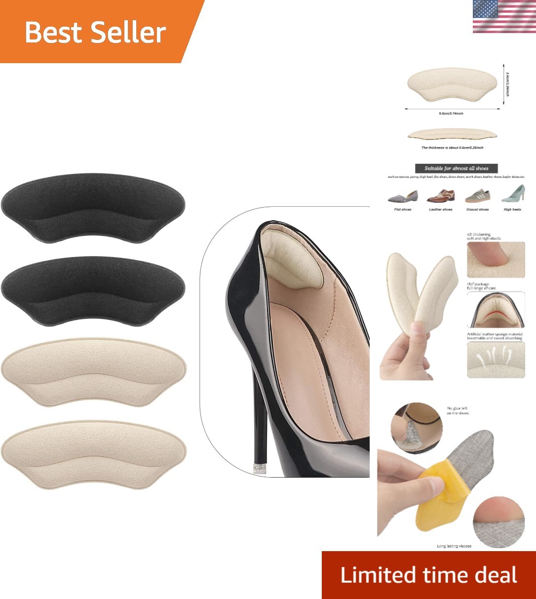 Ultimate Comfort Heel Grips in Pale Apricot & Black - Prevent Blisters, 4 Pairs