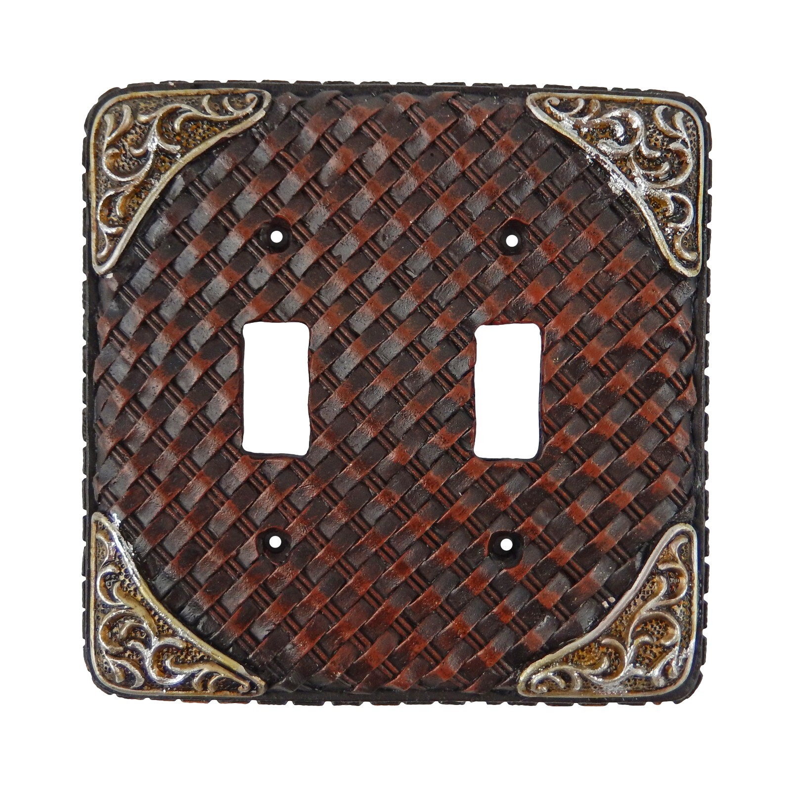 Western Weave Pattern Wall Plate Cover Double Toggle Switch Silver Accents
