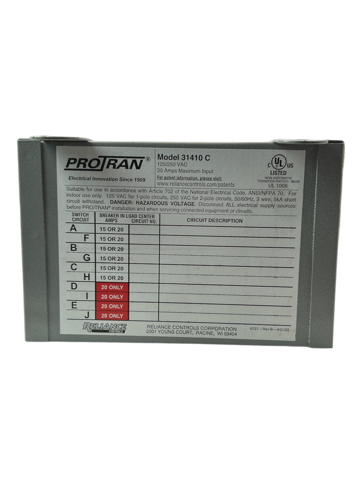 Reliance Pro/Tran 10-Circuit 30A Transfer Switch