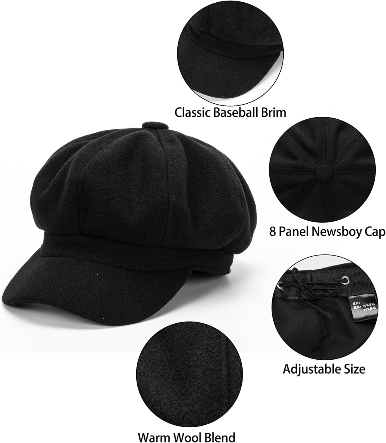 Women Wool-Blend-Beret Newsboy-Hat Cap Vintage Bakerboy-Cabbie-Cap Medium Black