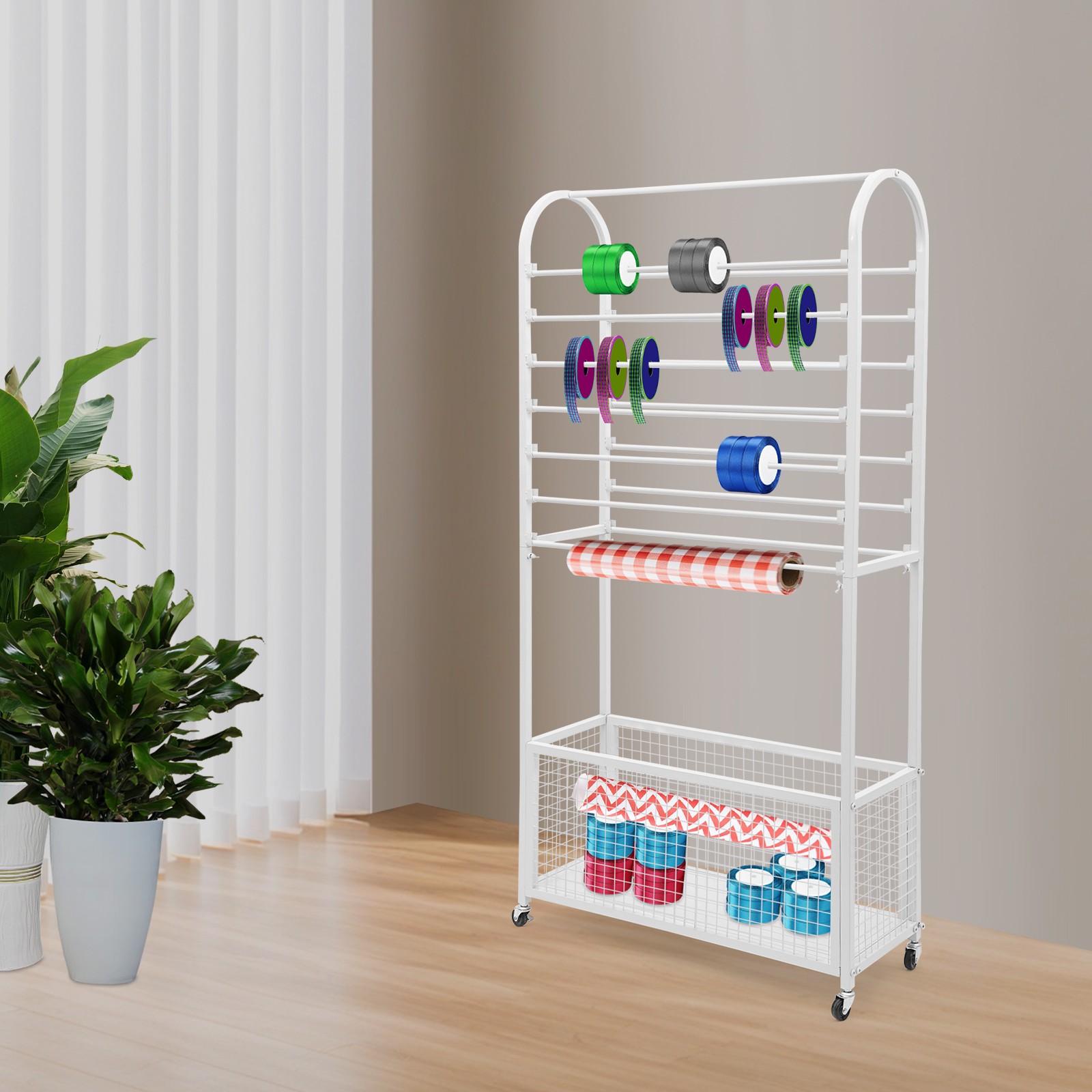 Double-Sided Ribbon Holder, White Ribbon Organizer, Ribbon Storage Display Rack