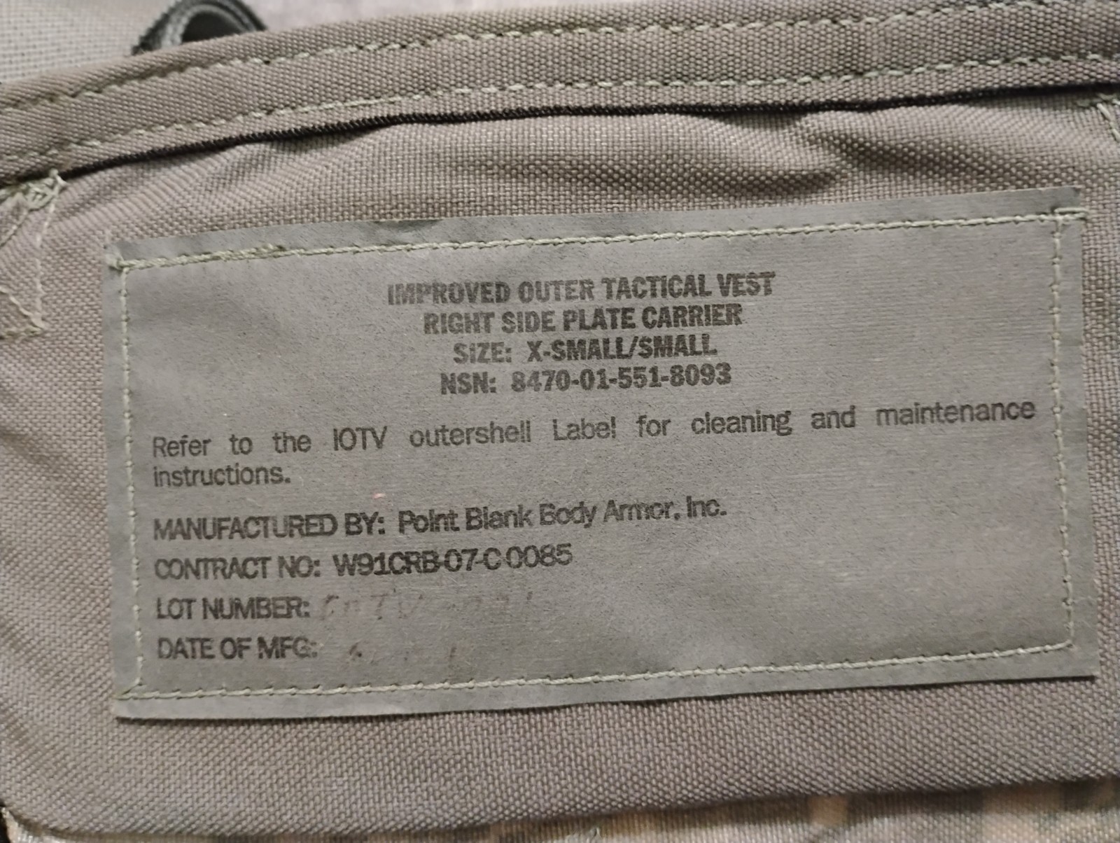 IMPROVED OUTER TACTICAL VEST Right SIDE PLATE CARRIER SIZE: X small/Small