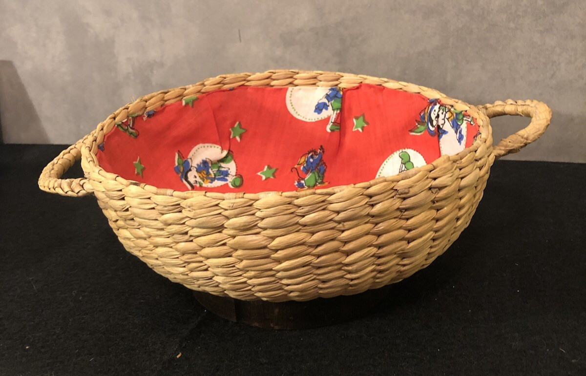 Vintage Grass Basket Handles Round with Vintage Pinocchio Fabric Disney Rare