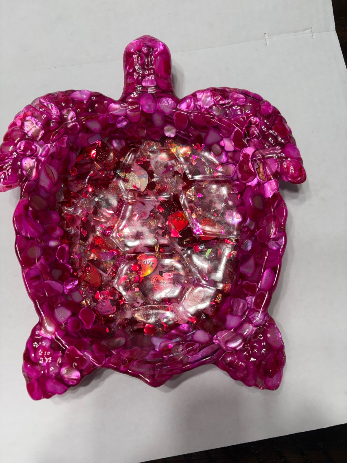Handmade large turtle tray made of food safe resin with various heart inclusion.