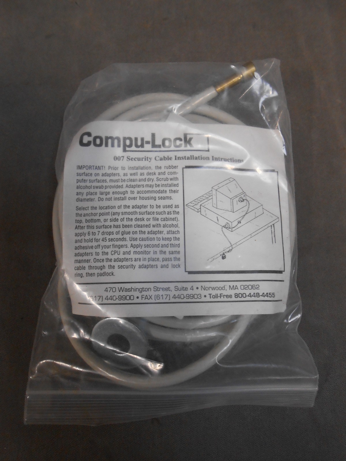 NOS Vintage Compu-Lock 007 Desktop Computer Key Lock and Cable