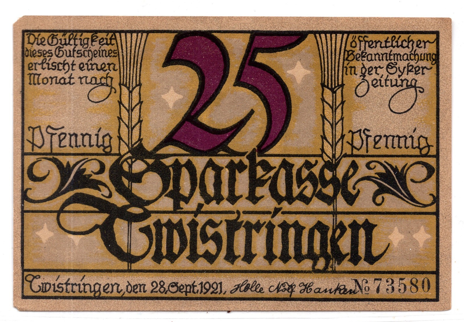 1921 Germany Twistringen Notgeld 25 Pfennig Note (3672)