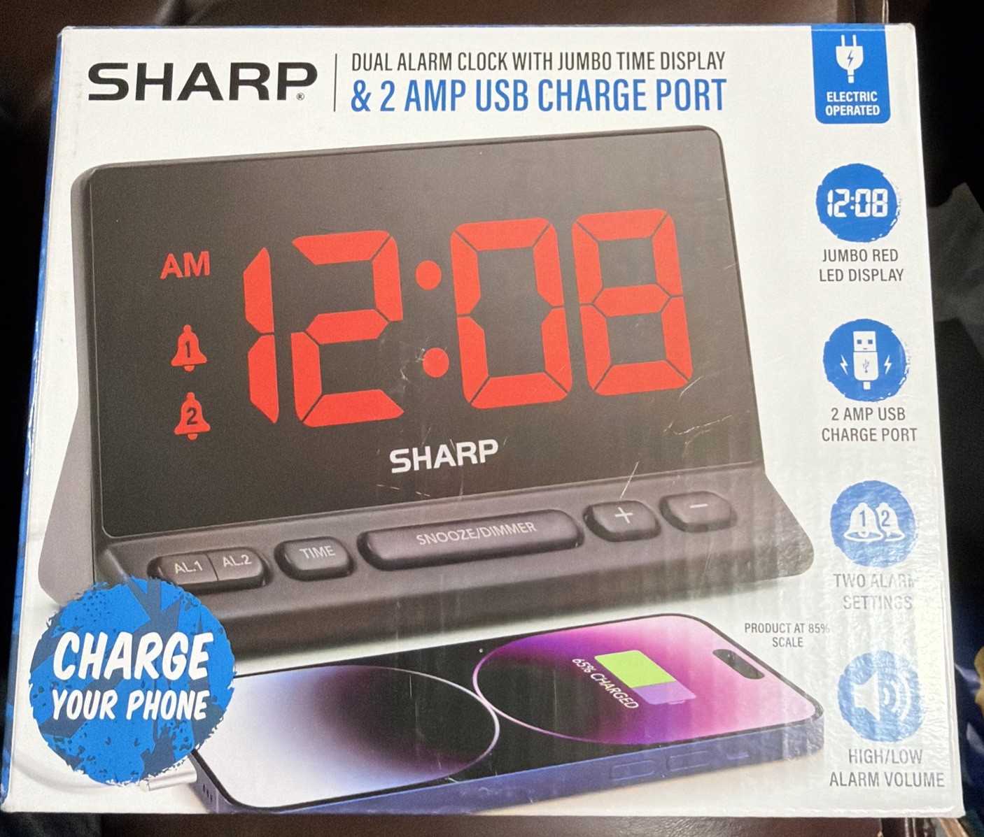 SHARP Digital Alarm Clock with USB 2 AMP Fast Charge White Led - Usb 2 Amp