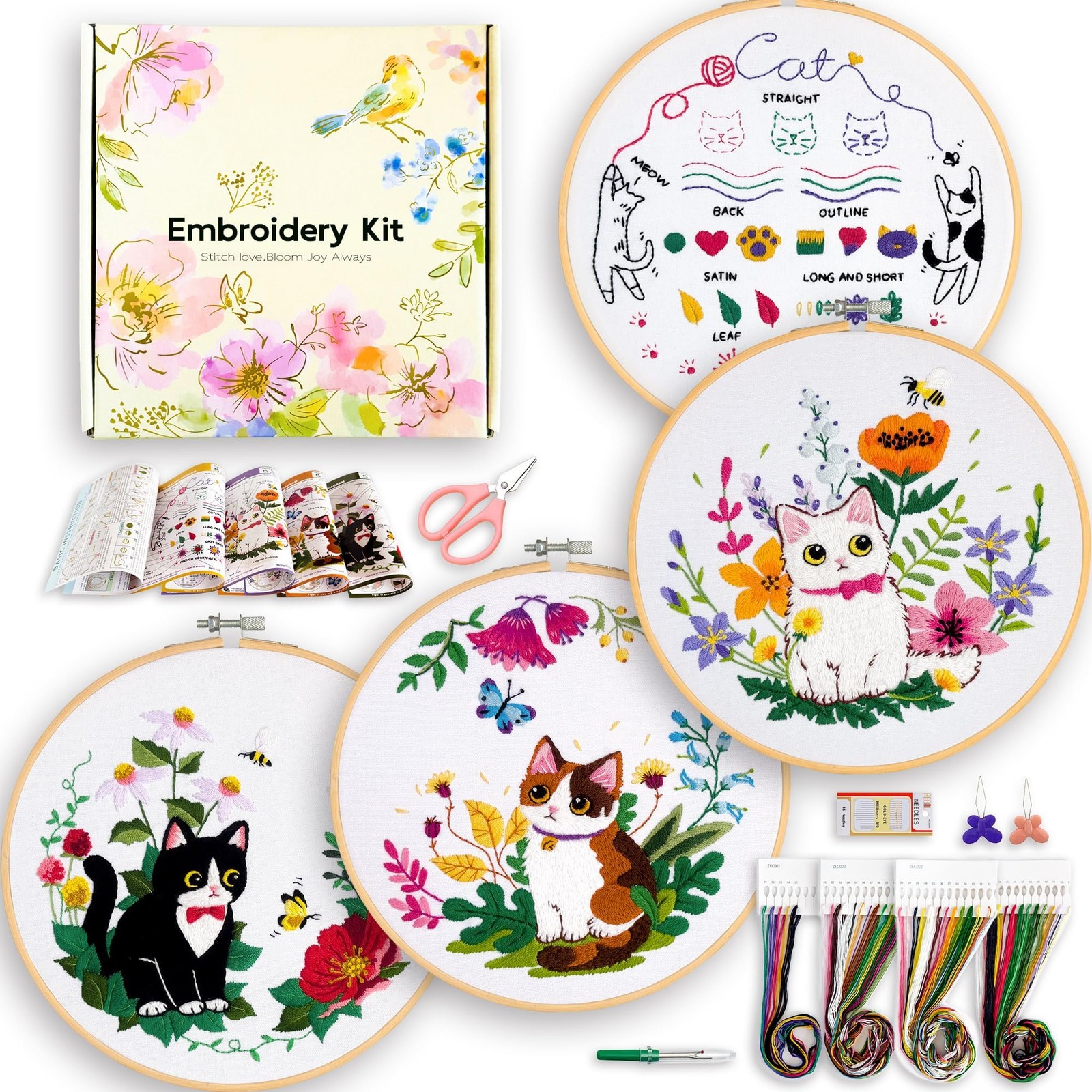 Embroidery Kit for Beginners, 4 Sets Cat Kits, Small, gift box
