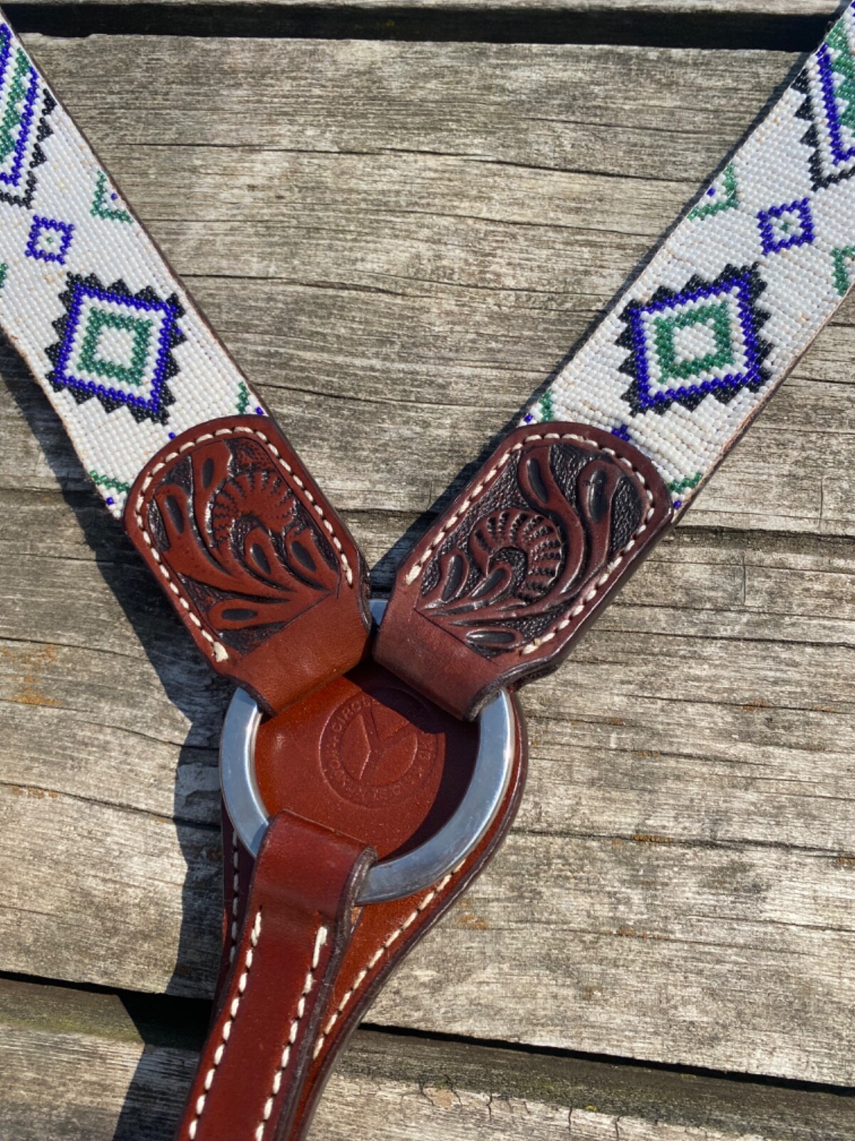 Circle Y white, blue, green beaded Western headstall & breast collar tack set