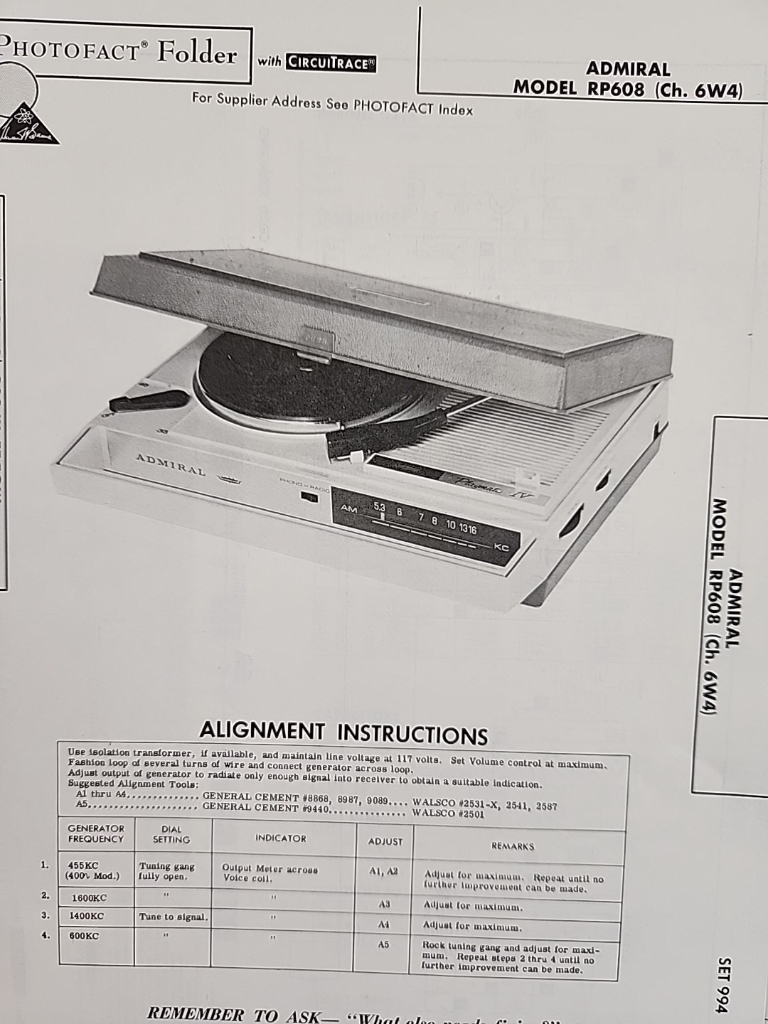 Sams Photofact Repair Service Parts Manual For Admiral Model RP608