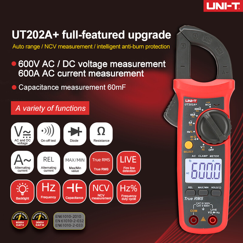 UNI-T UT202A+ Digital Clamp Meter TRMS AC DC NCV Multimeter OHM Cap Freq Tester