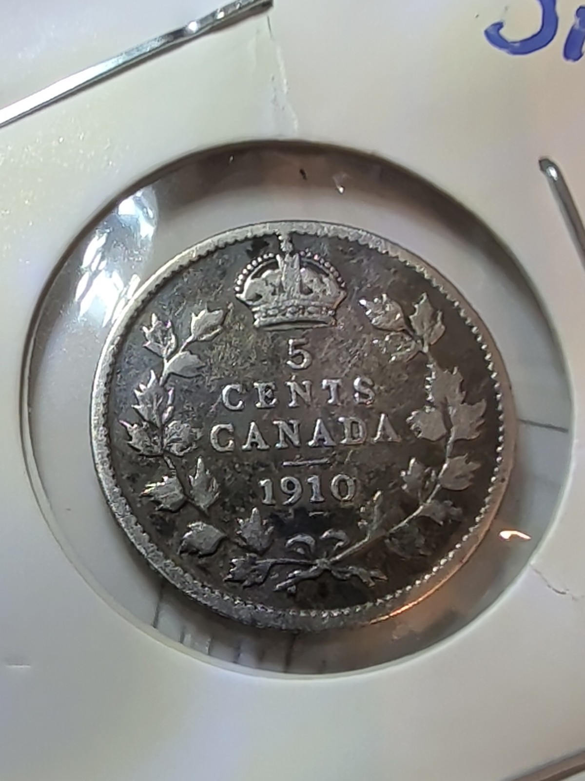 1910 Canada Silver Five Cents Pointed Leaves PL Coin F+ Nickel 5 cents -CC42
