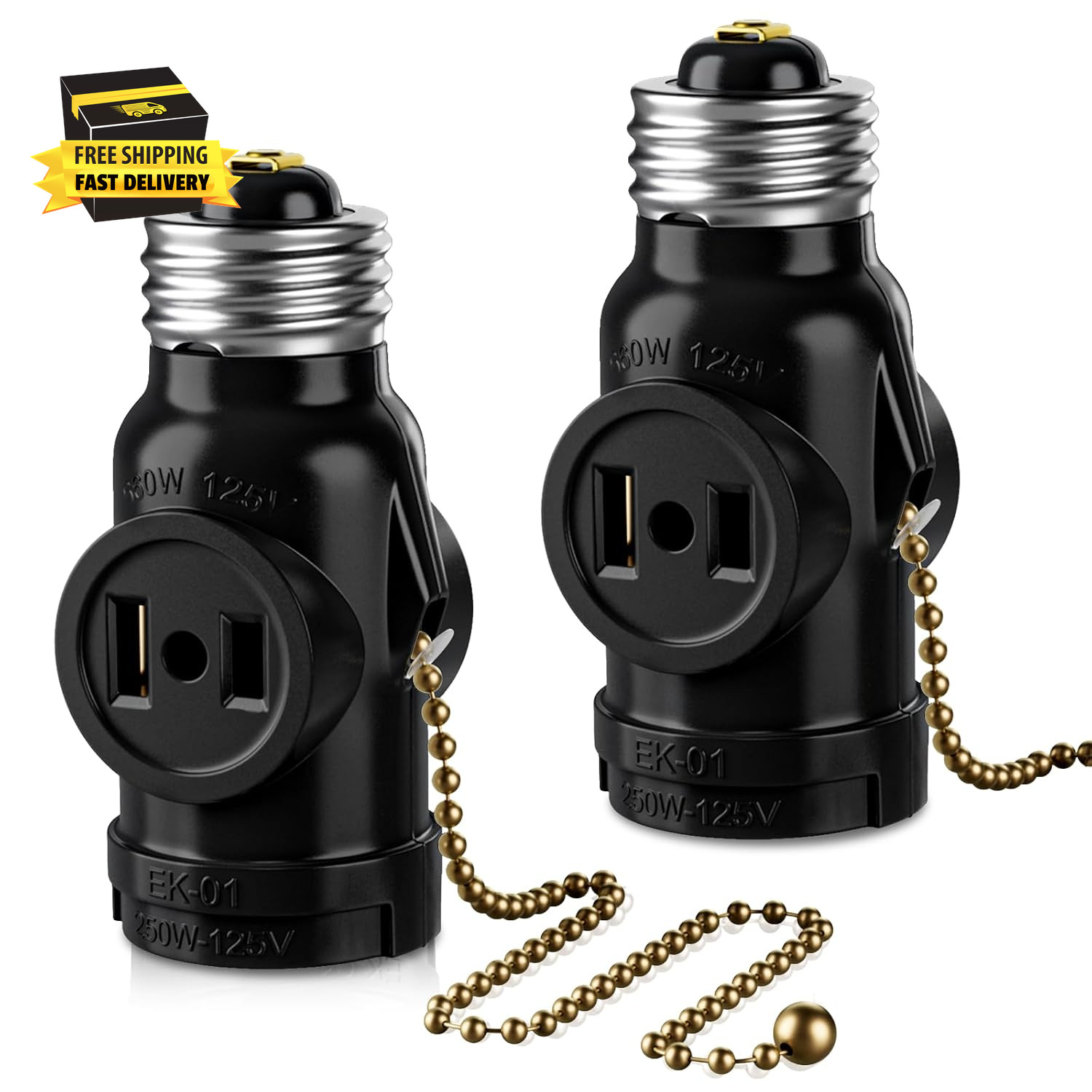UL Listed E26 to 2 Polarized Outlet Socket Adapter, Pull Chain Switch Control Li