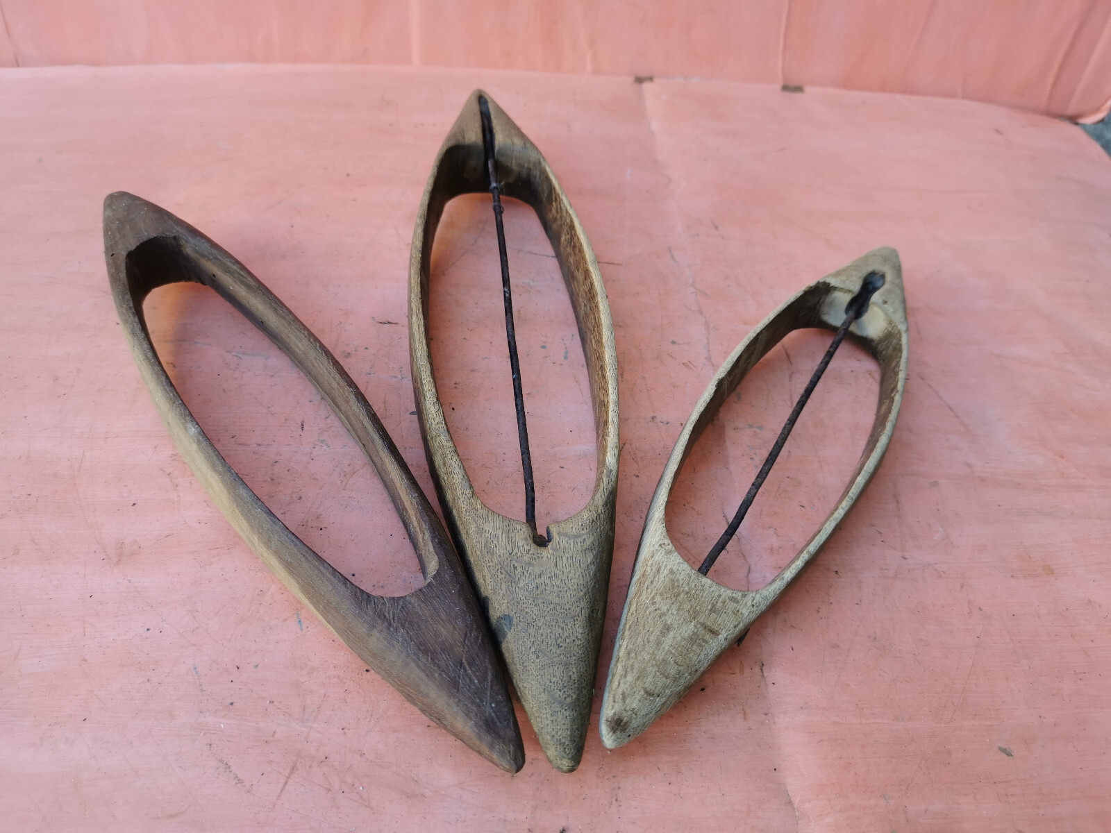 OLD WOODEN PRIMITIVE HAND MADE WOODEN PARTS OF WEAVING LOOM THREAD POOL