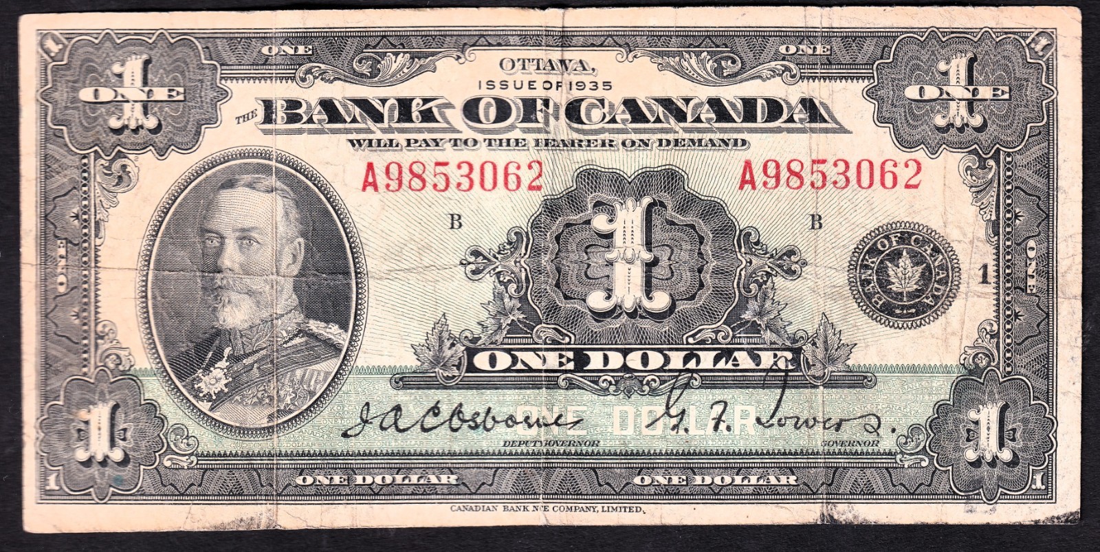 Bank of Canada 1935 $1 One Dollar Banknote Osbourne - Towers A9853062