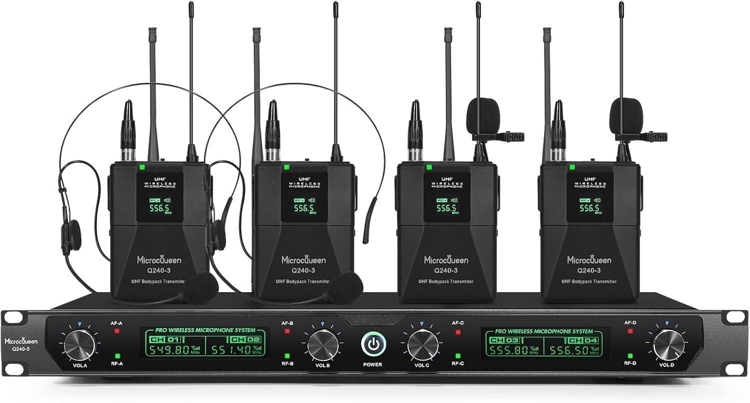 MicrocQueen UHF Wireless Microphone System 4 Channel Lapel / Lavalier Karaoke