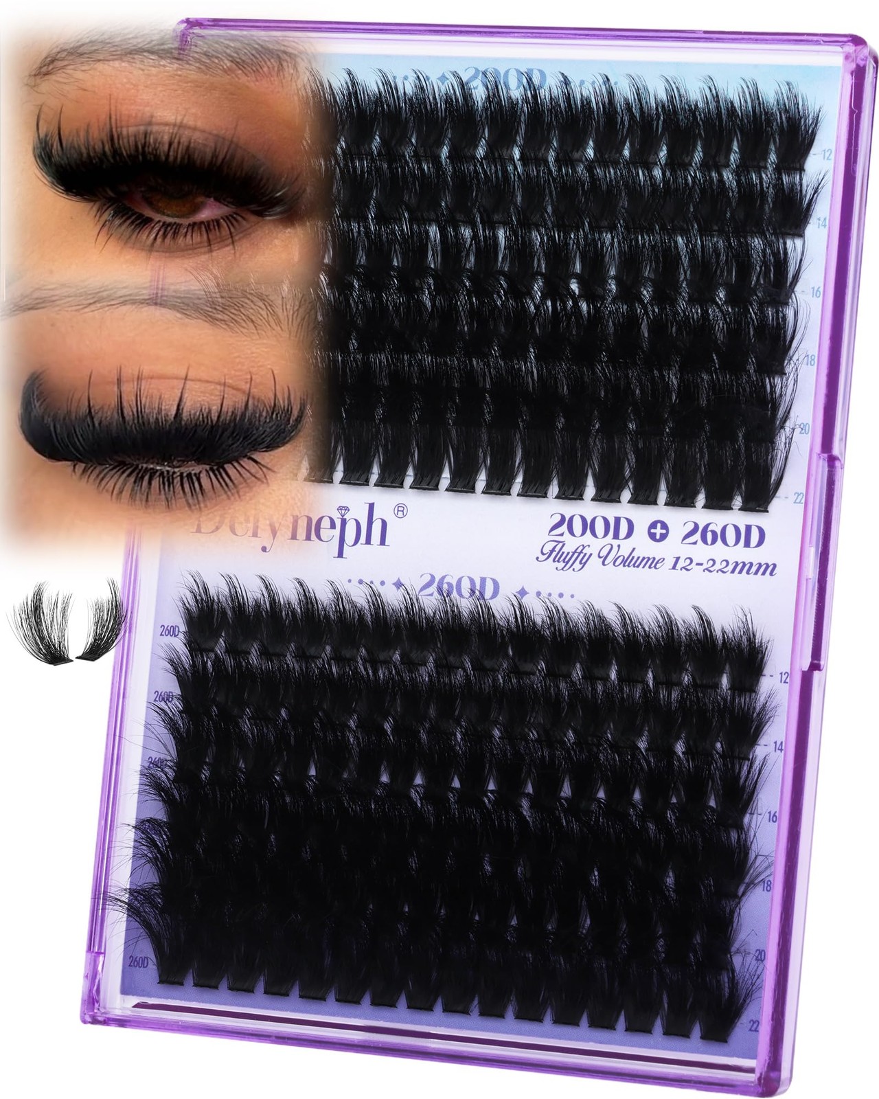 Fluffy Lash Clusters with Spikes 200D+260D Manga 192 count (Pack of 1), Black