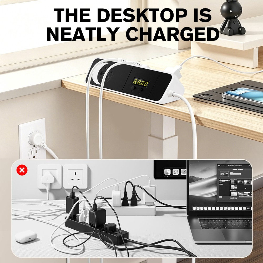 3 Outlet Surge Protector Power Strip 2USB A+2USB C with Night Light &Clock 6.5FT