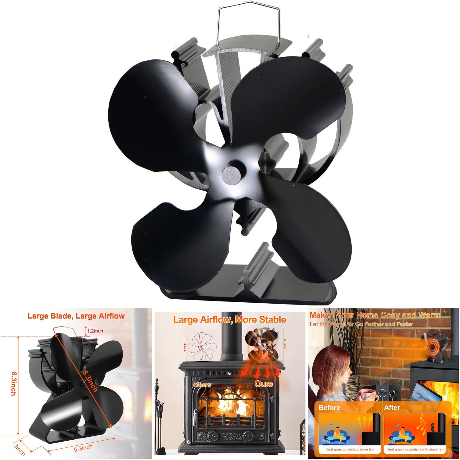 Wood Burning Stove Fan Heat Activated Fireplace Thermal Fan No Electric