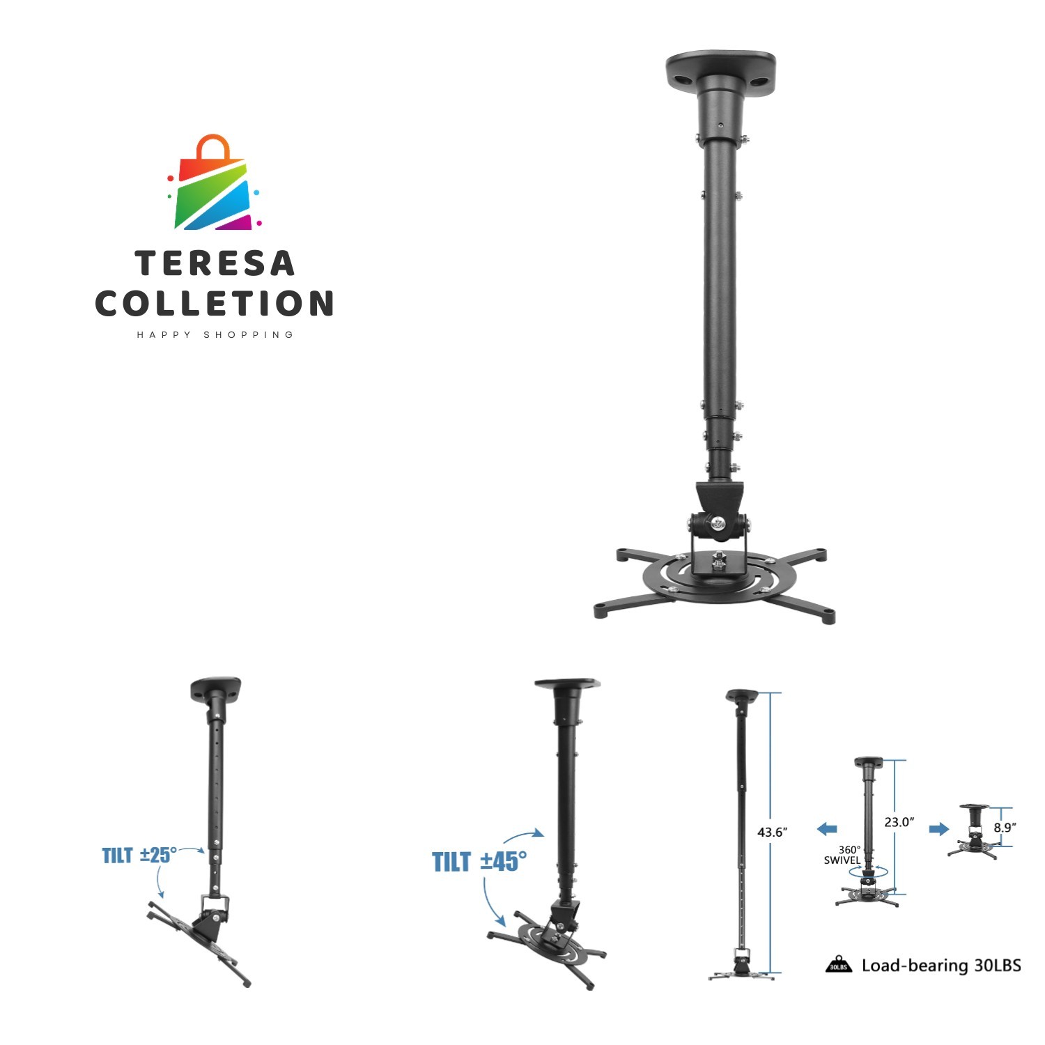 Full Motion Universal Ceiling Projector Mount Bracket with Adjustable Height ...